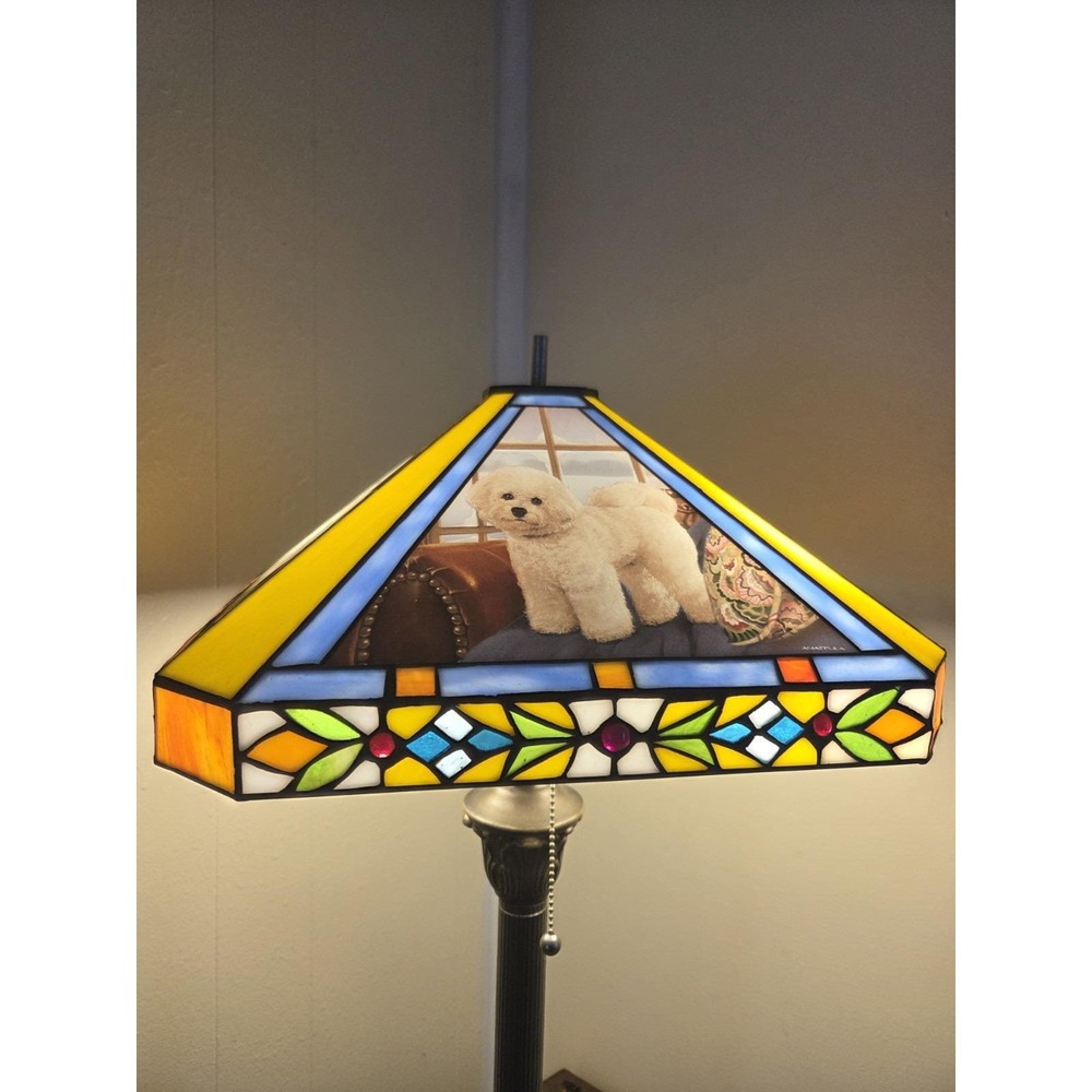 Vintage Danbury Mint Bichon Frise "Cuddle Up" Stained Glass Lamp Shade